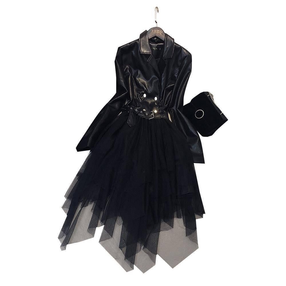 Irregular Leather Suit Skirt PU Leather Stitching Mesh Gauze Fake Two Long Dresses