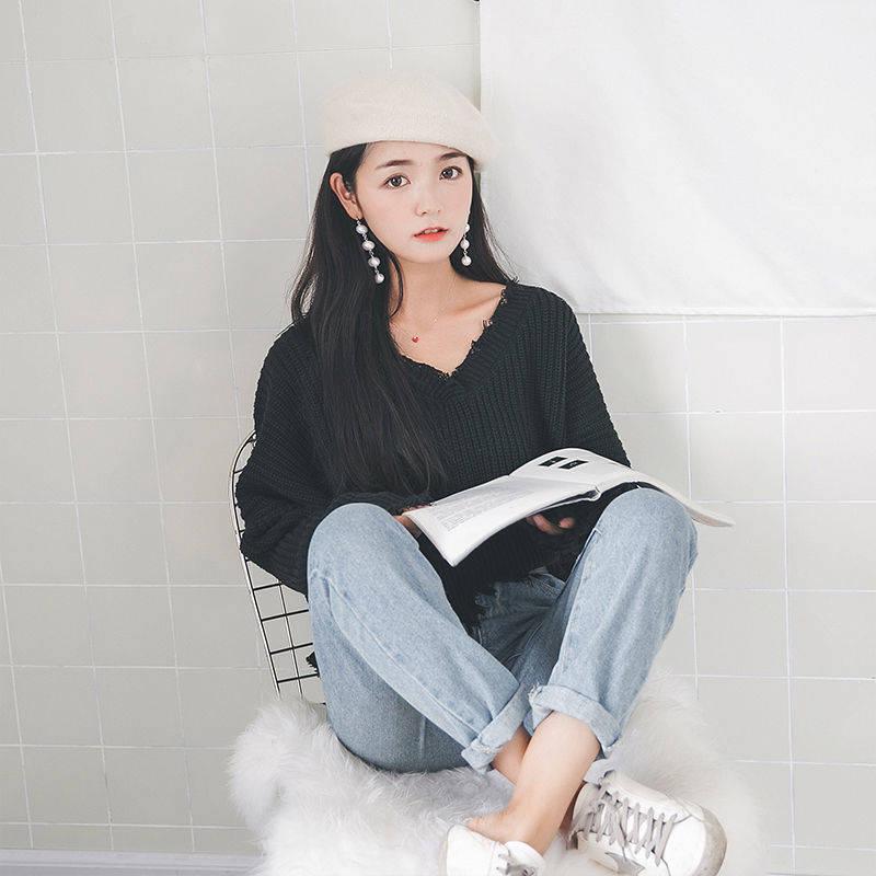 Loose Casual Solid Color Irregular Sweater Fashion Chic Tassel V-neck Long-sleeved Knit Pullover