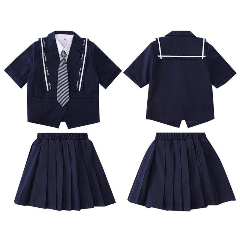 Kids Girls British Style School Uniform Student Uniforms Suit Long Sleeve Coat with Shirt Tie Mini Skirt Set Child Anime Costume