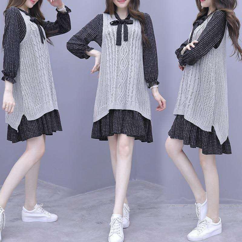 Spring and Autumn Luxe Living Trendy Vest Striped Long Sleeve Dress Twisted Sleeveless Sweater Two Piece Set
