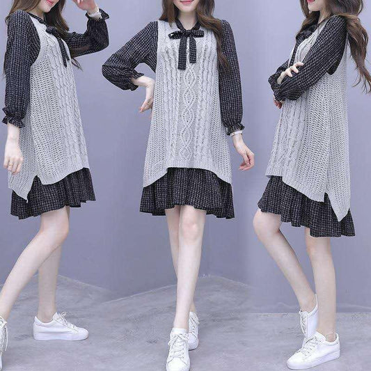 Spring and Autumn Luxe Living Trendy Vest Striped Long Sleeve Dress Twisted Sleeveless Sweater Two Piece Set