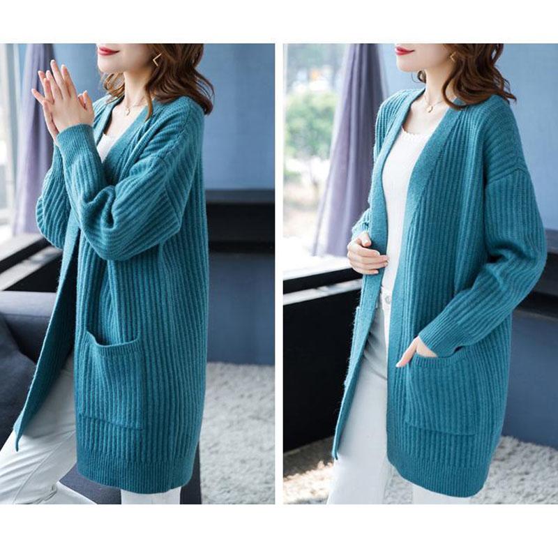 Autumn and Winter Cardigan Sweater Loose Casual Mid-length Top Clothes Solid Color Knitted Female Jacket
