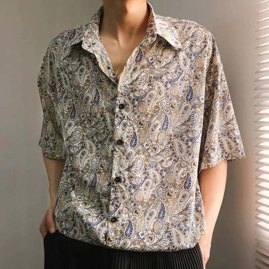 Cashew Flower Shirt Men's Short Sleeve Draping Loose Retro Half Sleeve Flower Shirt
