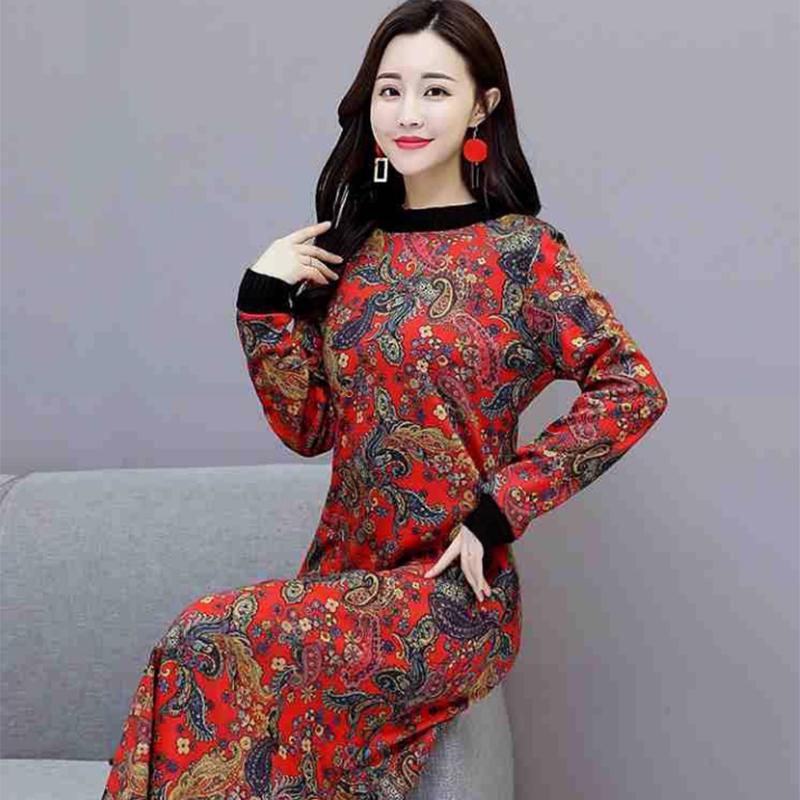 Pofulove Retro Plus Velvet Dress Female Turtleneck Over Knee Long Skirt Plus Size Cover Belly Fat