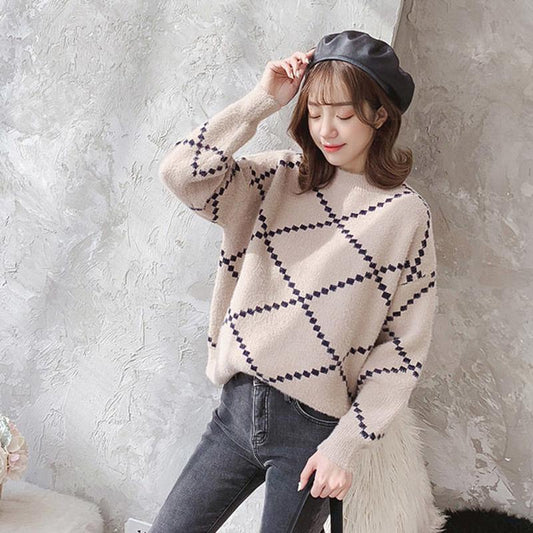 Autumn and Winter Imitation Mink Velvet Loose Sweater Plaid Pattern Knitted Top Fashion Casual Women Sweater
