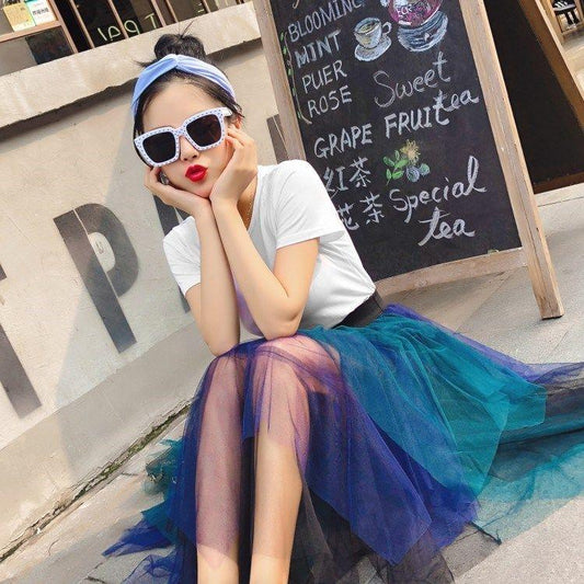 Fashion Tutu Tulle Skirt Women Long Skirt 2020 High Waist Pleated Skirt Female School Sun Spodnica