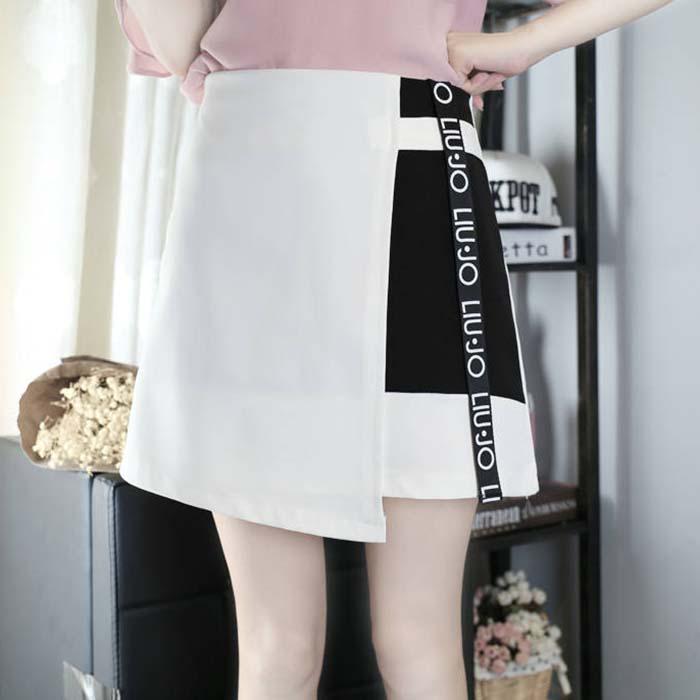 Pofulove Women Anti-light Irregular Contrast Color Skirt High Waist Slim Sexy Package Hip Skirts