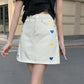 Heart Embroidered High Waist Denim Short Skirt Sweet A-line Skirt Bag Hip Skirt Summer All-match Short Denim Skirt