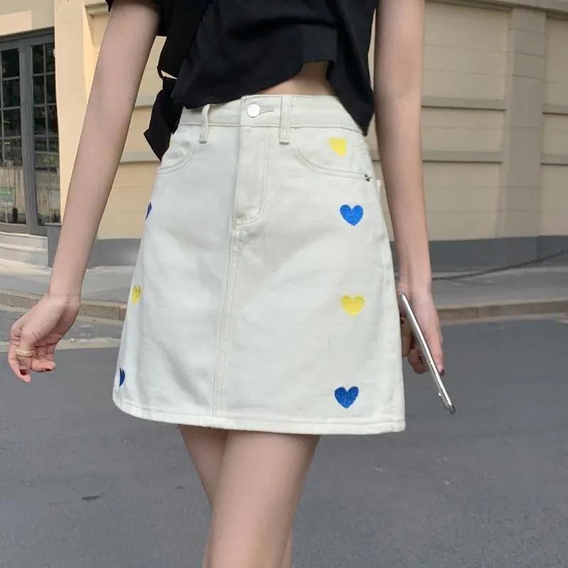 Heart Embroidered High Waist Denim Short Skirt Sweet A-line Skirt Bag Hip Skirt Summer All-match Short Denim Skirt