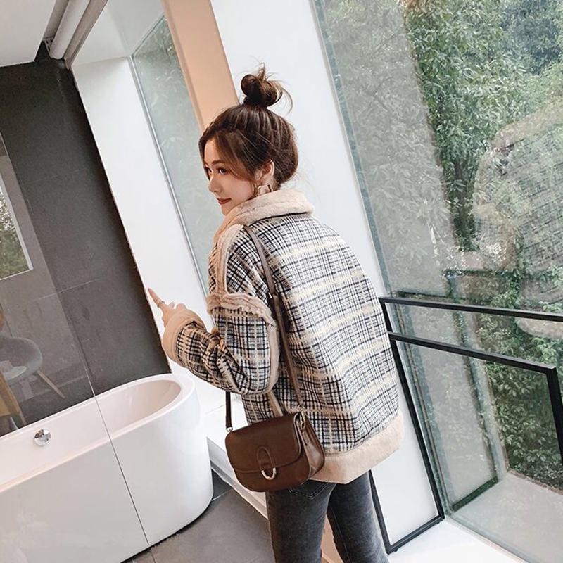 Faux Fur One-piece Plaid Jacket Women Plus Velvet Short Autumn and Winter Loose and Thin Jacket Ladies Temperament Warm Jacket