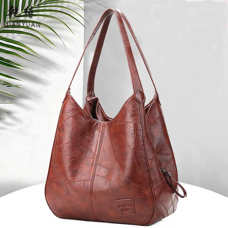 Vintage PU Leather Soft Leather All-match Tote Bag Simple One-shoulder Handbag Multi-layer Casual Lady Messenger Bag