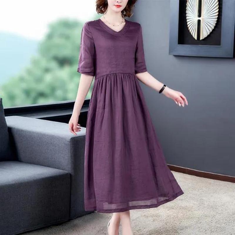 Violet Print Back Cotton and Linen Dress Women Spring and Summer V-neck  1/2 Sleeve Ethnic Style Solid Color Large Size Dress