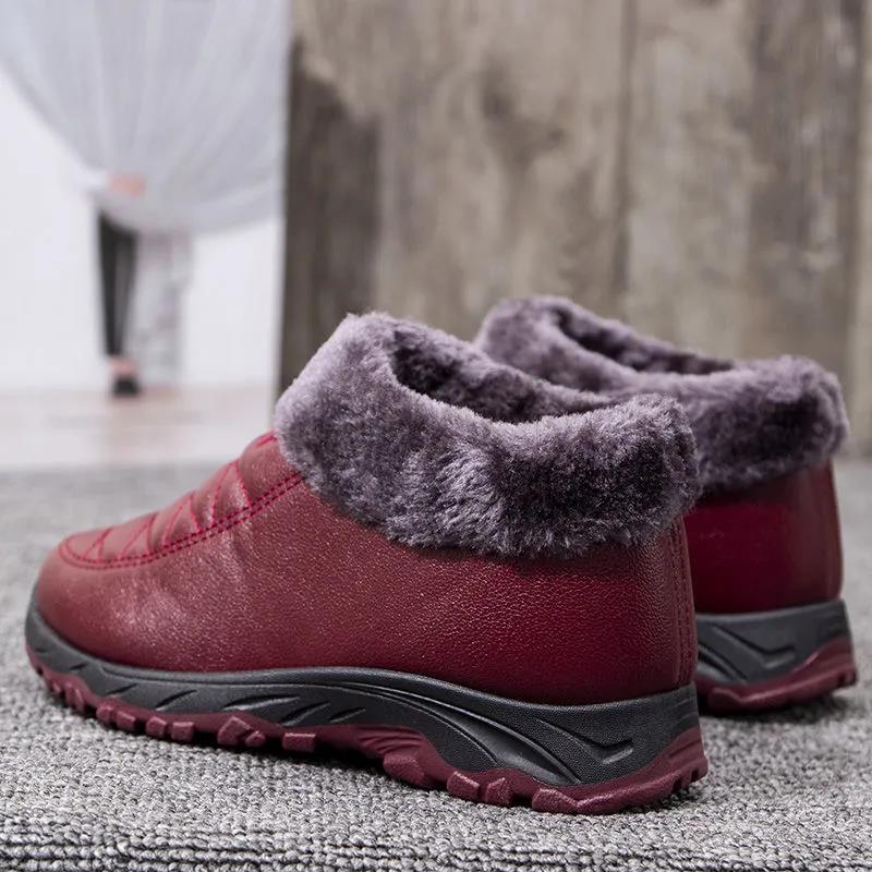 Winter Warm Women's Cotton-padded Shoes PU Waterproof Snow Boots Non-slip Plus Velvet Thickened Flat Work Shoes