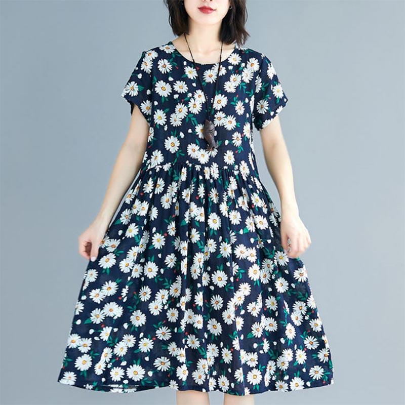 Small Daisy Floral Dress Ethnic Style Printed Literary Mother Dress Round Neck Mid-length Large Swing Skirt