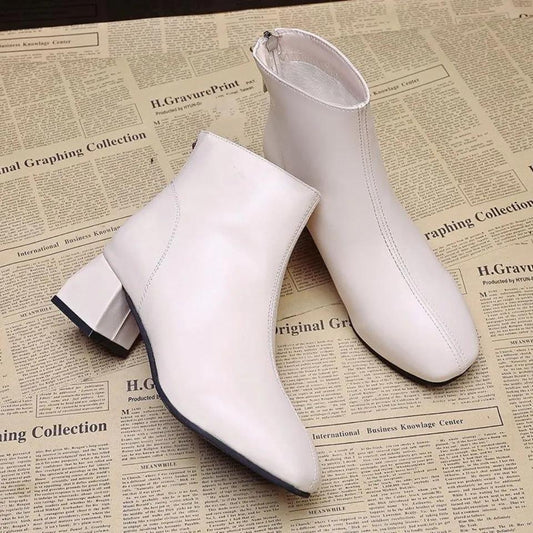 Women's Thick Heel Short Boots Autumn and Winter Trend All-match High-heeled Boots Short Tube High-top Shoes Square Toe Plus Fleece Boots