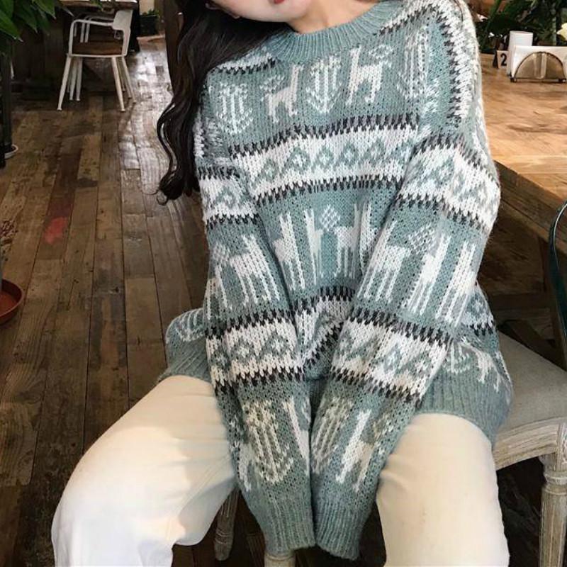 Pofulove Christmas Red Sweater Autumn Winter Loose Vintage Mid-length Women Pullover Thickened