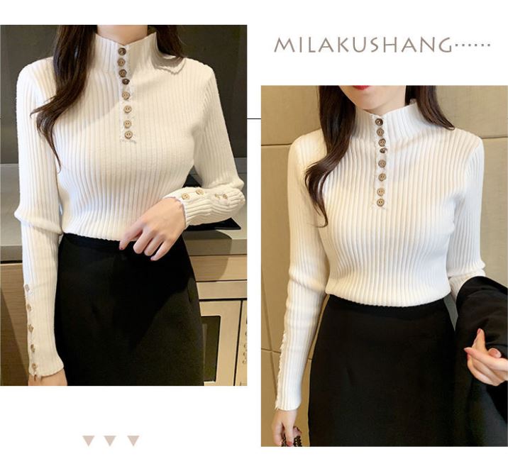 Women's Half Turtleneck Pullover Korean Style Fashion Solid Color Bottoming Shirt Slim Fit Long Sleeve Sweater