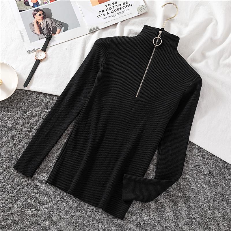 Women Half Turtleneck Knitwear Jumper Bottoming Blouse Zipper Solid Color Pullover Sweater