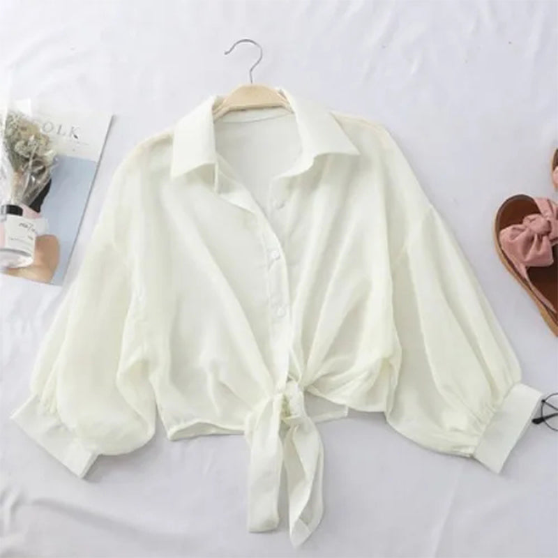 Summer Shirt Half Sleeve Buttoned Up Loose Casual Blouse Chiffon Shirts Women Tied Waist Elegant Blouses for Women