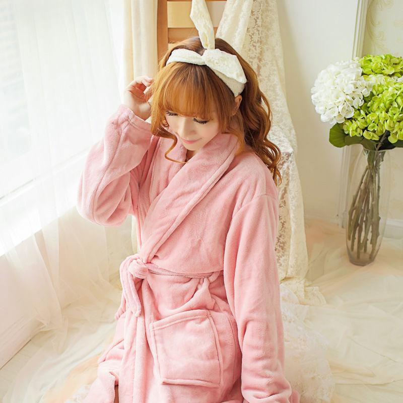 Autumn and Winter Flannel Nightgown Ladies Bathrobe Coral Fleece Thick Long-sleeved Pajamas Home Service Bathrobe Simple Style