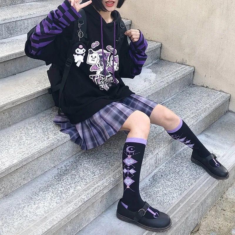 Autumn Winter Sweatshirts Women Anime Pullover Hoodies Fake Two Piece Striped Sleeve Oversized Loose Fashion Black Sportshirts Hip Hop Hooded Tops