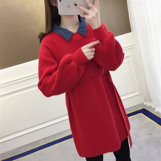 Loose pullover sweater female long section denim collar fake two-piece knit bottoming shirt women