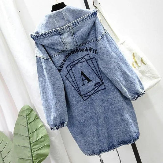 Loose Hooded Casual Embroidered Trench Coat Denim Jacket Korean Version Plus Size Women's Spring and Autumn Tops