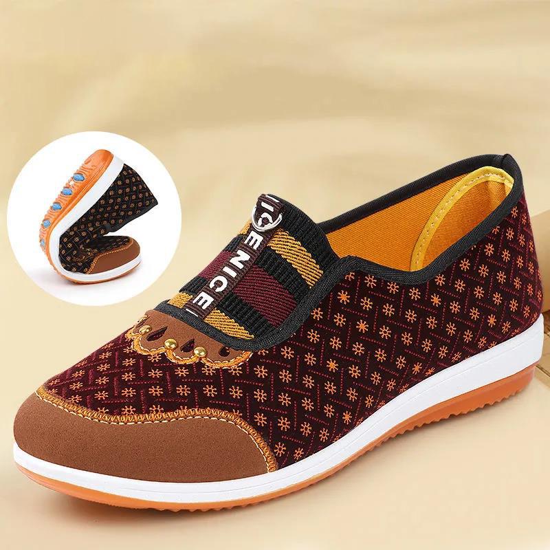 Spring and Autumn Old Beijing Cloth Shoes Women's Soft-soled Non-slip Middle-aged and Elderly Casual Cloth Shoes A Pedal Flat Mother Shoes