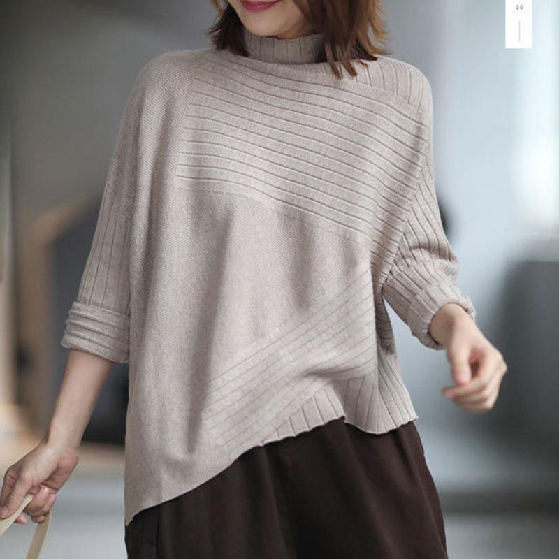 Spring and Autumn Half High Neck Knitted Sweater Loose Wild Pullover Pure Color Simple Female Sweater