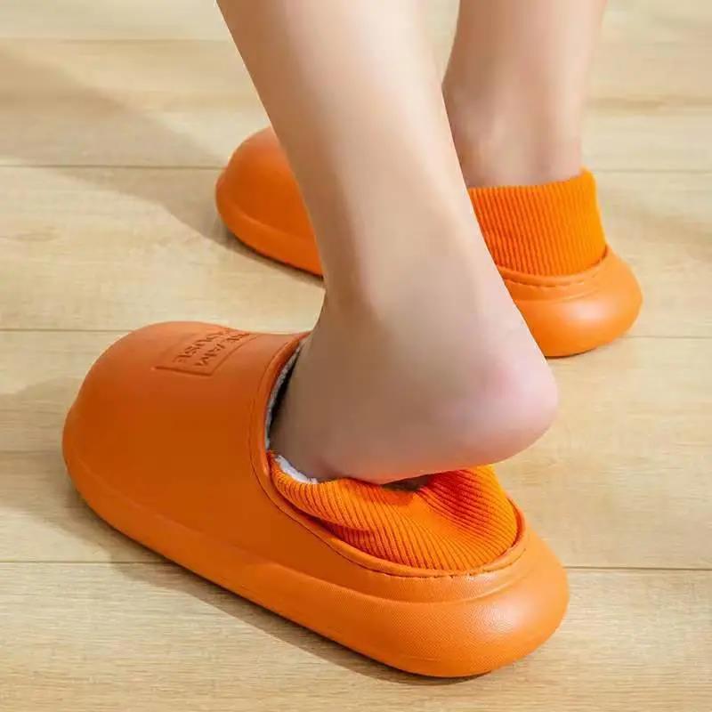 Autumn and Winter Couple Cotton Slippers Household Household PU Leather Warm Shoes Waterproof Non-slip Plush Slippers