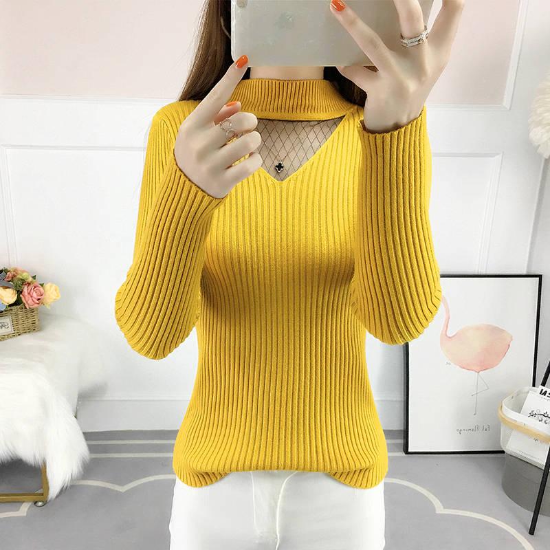 Pofulove sweater women's autumn new V-neck hollow lace winter coat thick long-sleeved bottoming shirt women