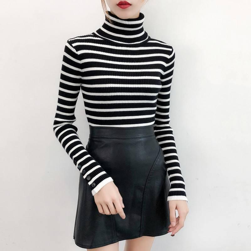High Neck Women's Sweater Autumn Winter Striped Slim Fit Tight Sexy Long-sleeved Knitted Sweater