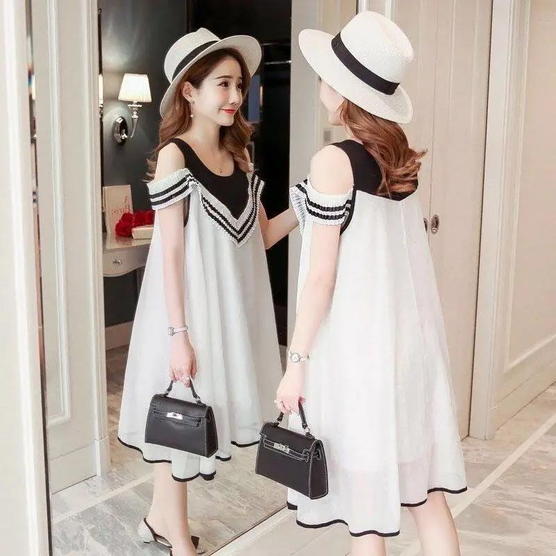 Summer Round Neck Short Sleeve Mid-length Chiffon Dress Loose and Thin Black and White Stitching Cute Princess Dress Ladies Strapless Short Dress