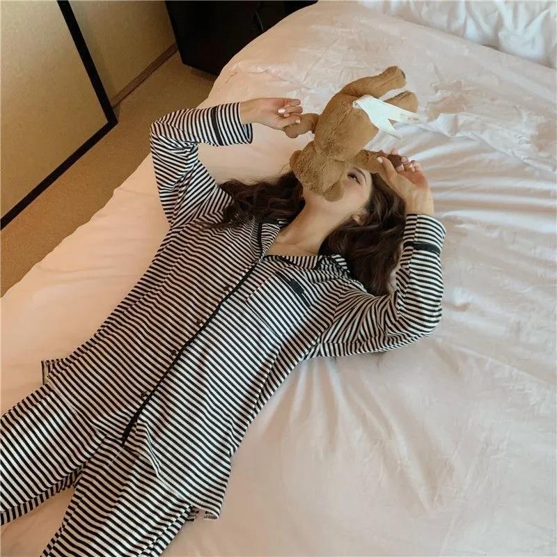 Striped Pajamas Set Two-piece Set Ladies Spring Autumn Long-sleeves Cardigan Shirt Pants Loose Casual Outerwear Home Wear Suit