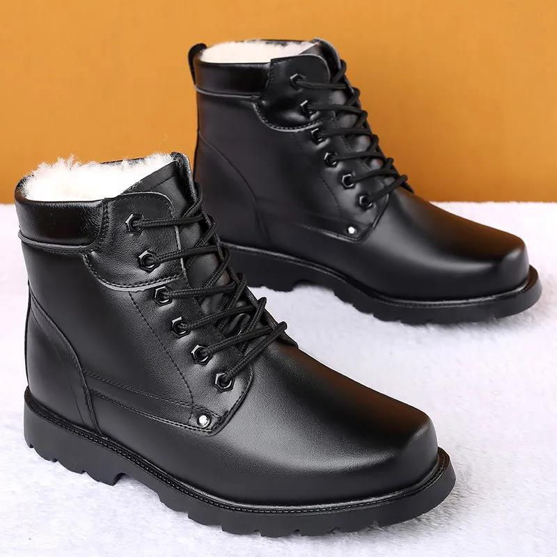Leather Cotton Boots Men's Winter Non-slip Wool Boots Warm Cotton Shoes Men's Snow Boots Outdoor Combat Men's Boots
