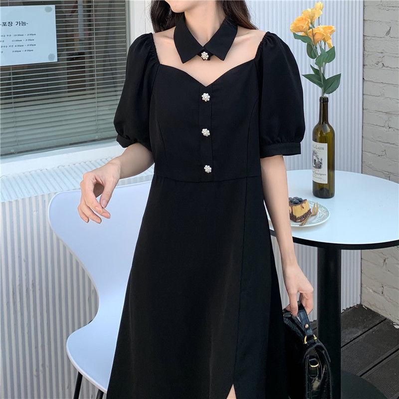 Summer Hepburn Style Design Niche Mid-length Split Dress Female A-line Dress Waist Thin Black Dress Sexy Cute Cool Girl
