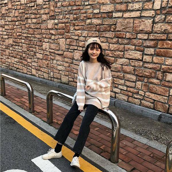 Autumn and Winter College Style Round Neck Striped Sweater Female Student Loose Mid-length Top Sweater Coat
