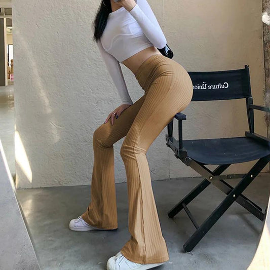 Cotton Tight-fitting Line Stripes Casual Pants Women's Flares Pant Basic Solid Color High Waist Slimming Leg Length Sports Trousers