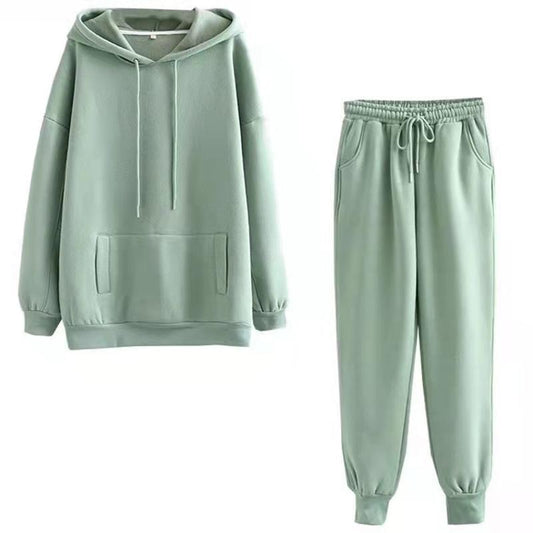 2PCS Women Autumn Winter Hoodies Tracksuit Set Solid Color Oversize Hooded Pullover Sweatshirts 2 Pieces Sets