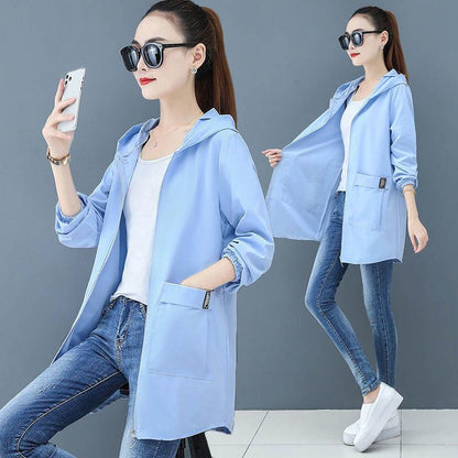 Spring and Autumn Windbreaker Hooded Jacket Loose Casual Mid-length Temperament All-match Jacket Women