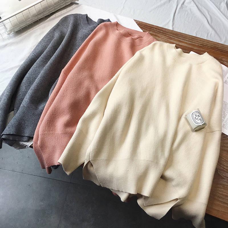 Pofulove Fairy Lazy Loose Apricot Sweater Autumn Pullover Sweater Women's Suit Wild Wearing Oversize