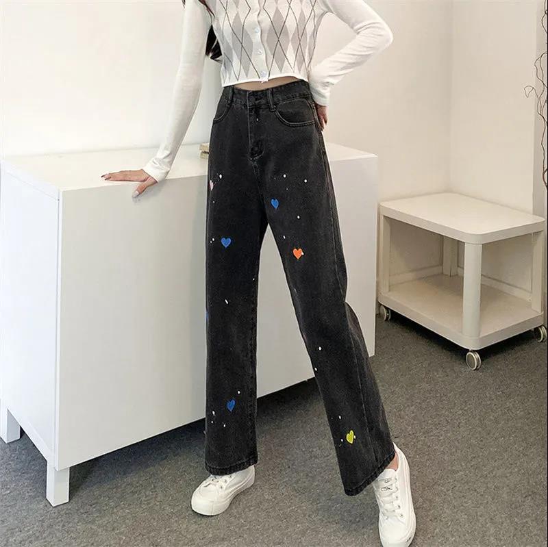 Spring and Autumn High Waist Jeans Women's Loose Thin Wide Leg Love Embroidered Pants Japanese Thin High Waist Casual Pants