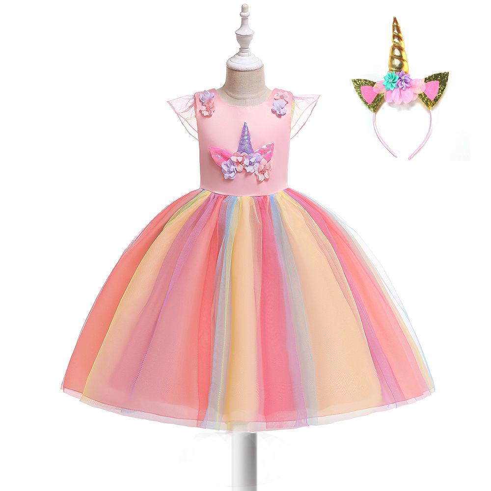 Kids Unicorn Dress for Girls Flower Appliques Ball Gown Little Girl Princess Dresses Elegant Party Costumes Children Clothing