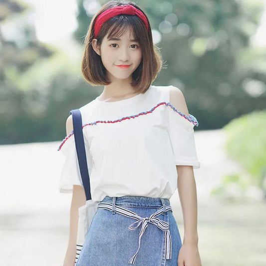 Women's Off-shoulder Tops Short-sleeved T-shirts Women's Loose Casual and Versatile Sweet Wind Round Neck Off-shoulder Tops
