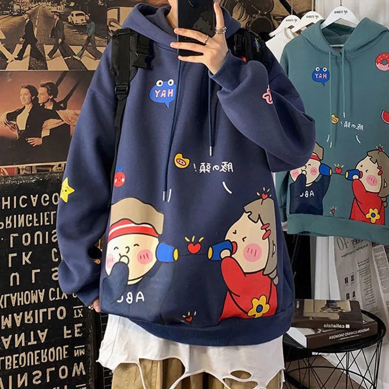 Autumn and Winter Cartoon Loose Hooded Sweater Men's Couple Print Pullover Jacket Student