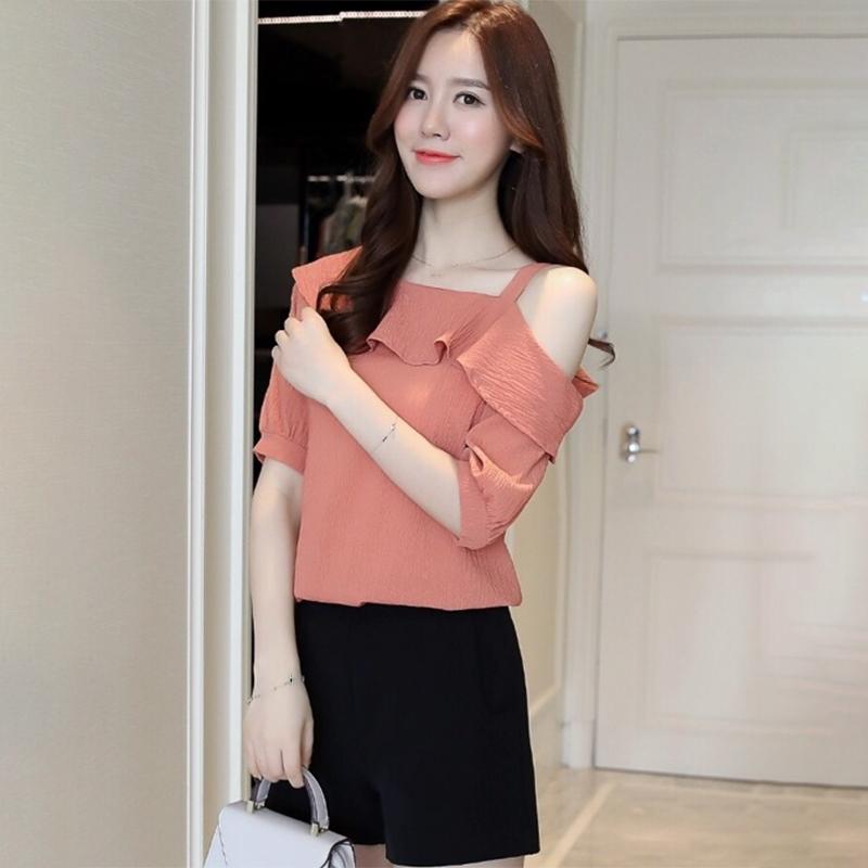 One-line Collar Off-shoulder Blouse Short-sleeved Chiffon Shirt Women's Solid Color All-match Sweet One-line Collar Off-shoulder Shirt