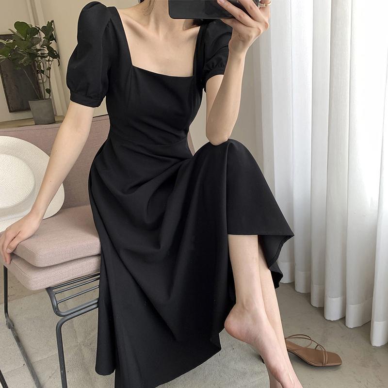 Sexy Black Woman Square Collar Puff Short Sleeves Mid-calf Dress Wedding Part