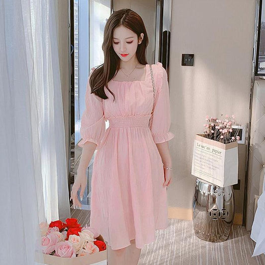 Women's Summer Dress Square Neck Slim Puff Sleeve Solid Color Skirt