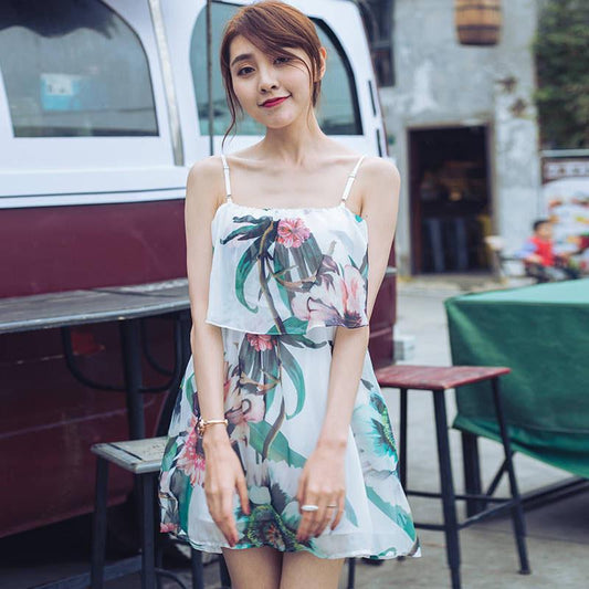 Fashion Summer Spaghetti Strap Dress False Two-piece Dress Prints Chiffon Dress Mini Sundress