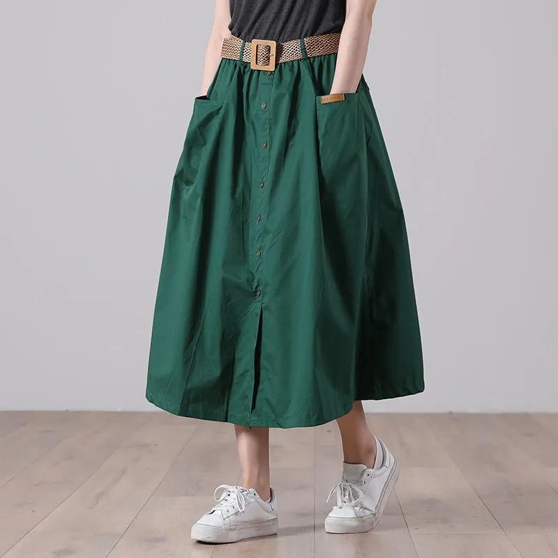 Woman Skirts Washed Cotton Skirt Female Summer High Waist Buttons A-line Skirts All-match Thin Calf-length Sashes Skirt